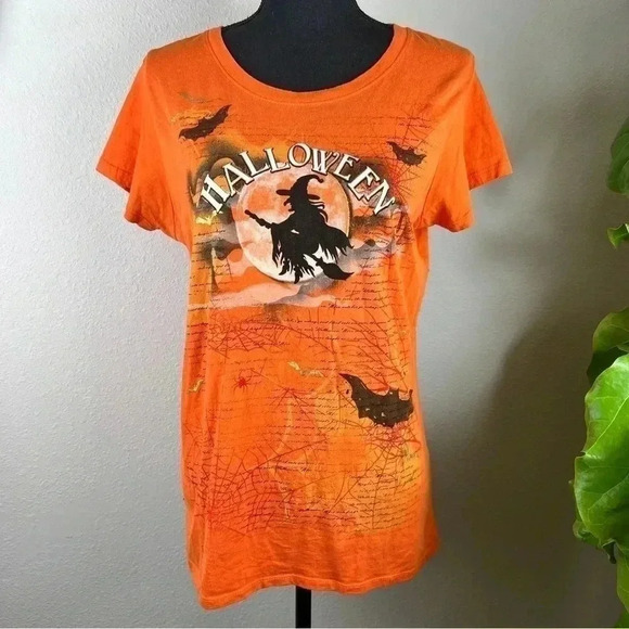 Halloween Orange Pullover Unisex T-Shirt Witch, Bats, Spider, Spider Web, Moon - Picture 11 of 11